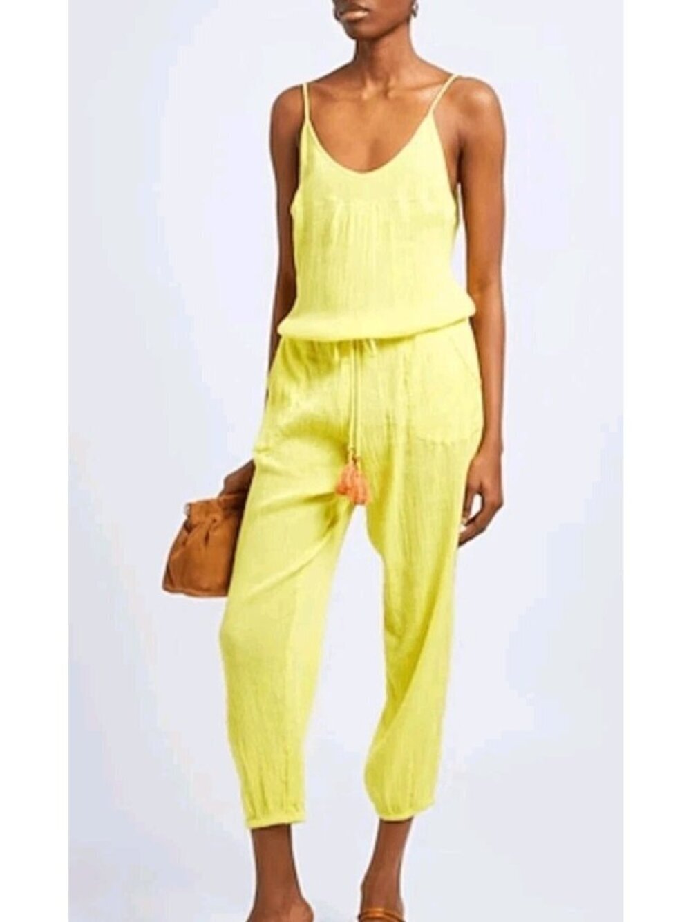 Zadig & Voltaire Coco Jumpsuit Yellow Lemon Crinkle Cotton Tassel Skull Sz 36